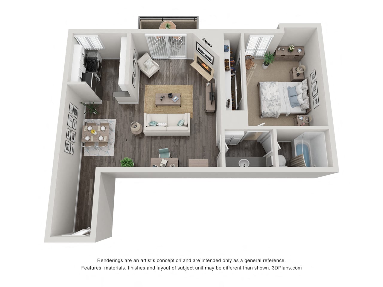 Floor plan for 1 bed, 1 bath, 717 sqft